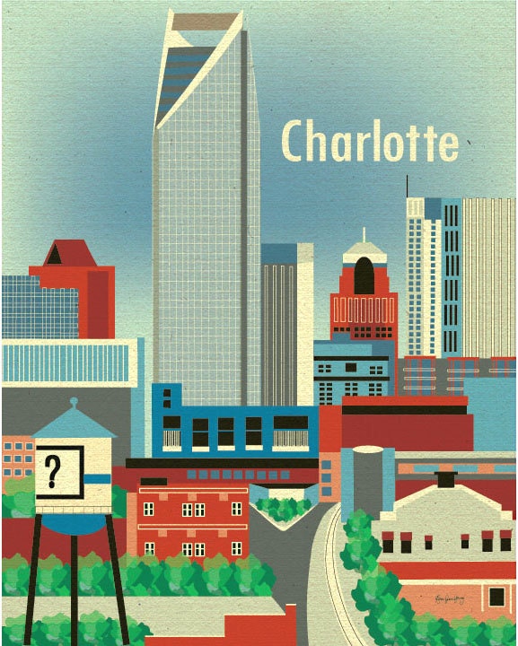 Charlotte, North Caroline Skyline - City Wall Art Poster Print for Home, Nursery,  and Office - style E8-O-CHA