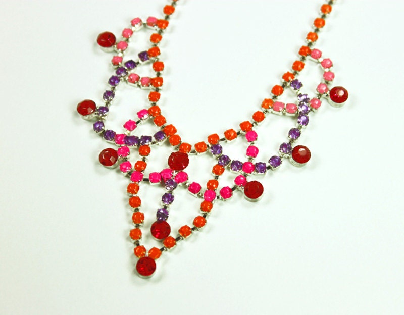 Neon Hand Painted Rhinestone Necklace in Orange, Pink, Purple, and Red