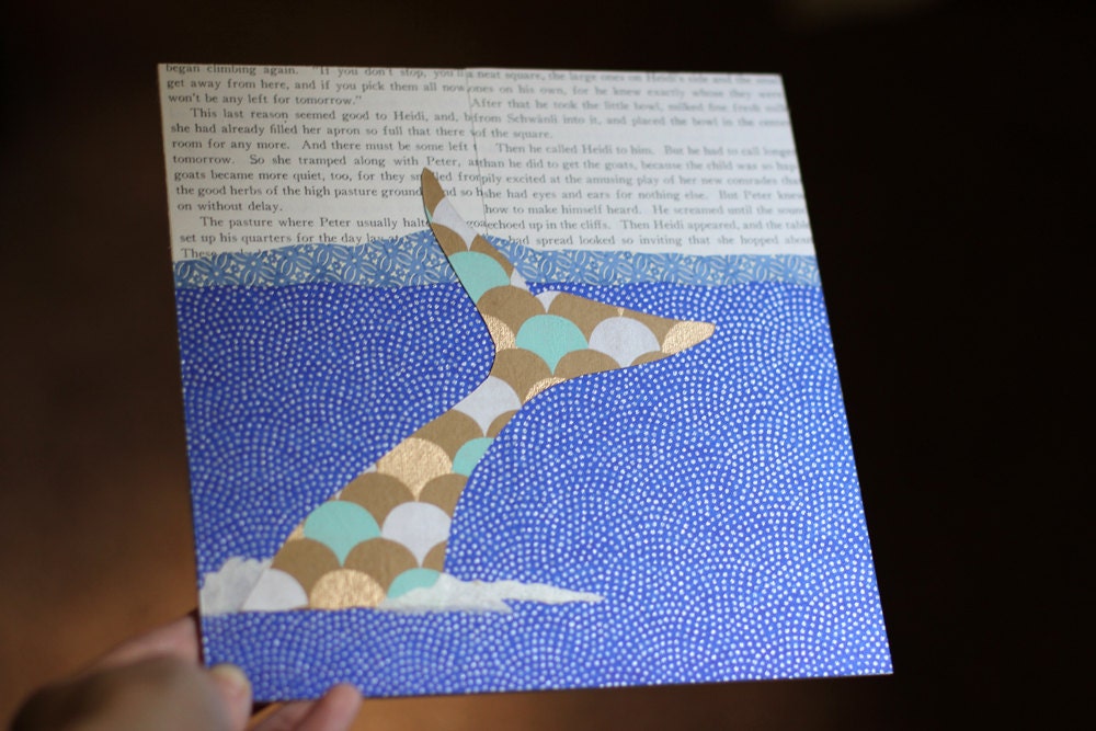 Whale Collage, Humpback Whale Tail Collage, 8x8 Square OOAK Collage on a Ready to Hang Birch Panel in Blues and Golds With Vintage Text