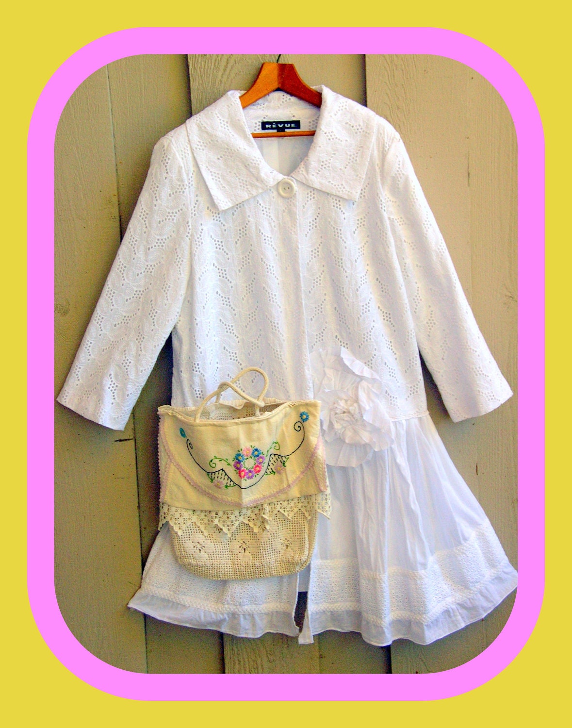 White Eyelet Jacket Coat With Vintage Crochet Bag