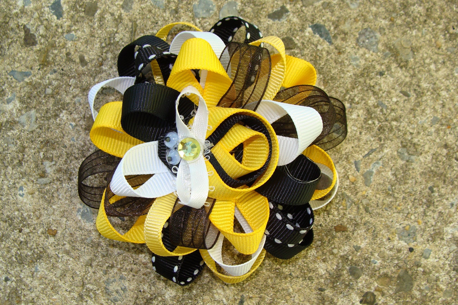 Bumble Bee Hair Bow Flower Loopy Hair Bow Black and Yellow Hair Bow Hair Clip Ribbon Sculpture