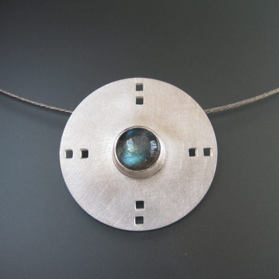 Geometric Round Circle Square Pendant Necklace, Labradorite, Sterling Silver
