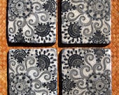 BLACK and WHITE COASTERS ethnic design handmade with original artwork-set of 4 black white grey