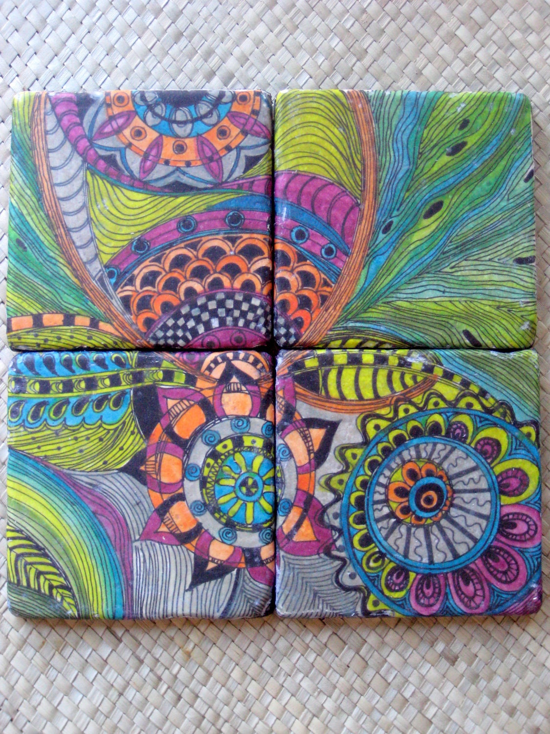 TILE COASTERS HANDMADE travertine with original artwork-set of 4 orange blue green pink