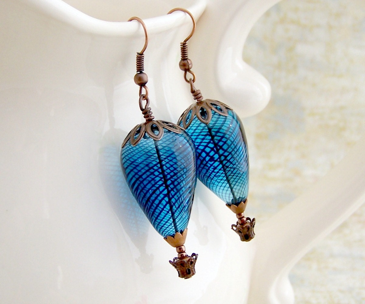 Blue Hot Air Balloon Earrings - Copper baskets with blown glass beads - Steampunk Earrings