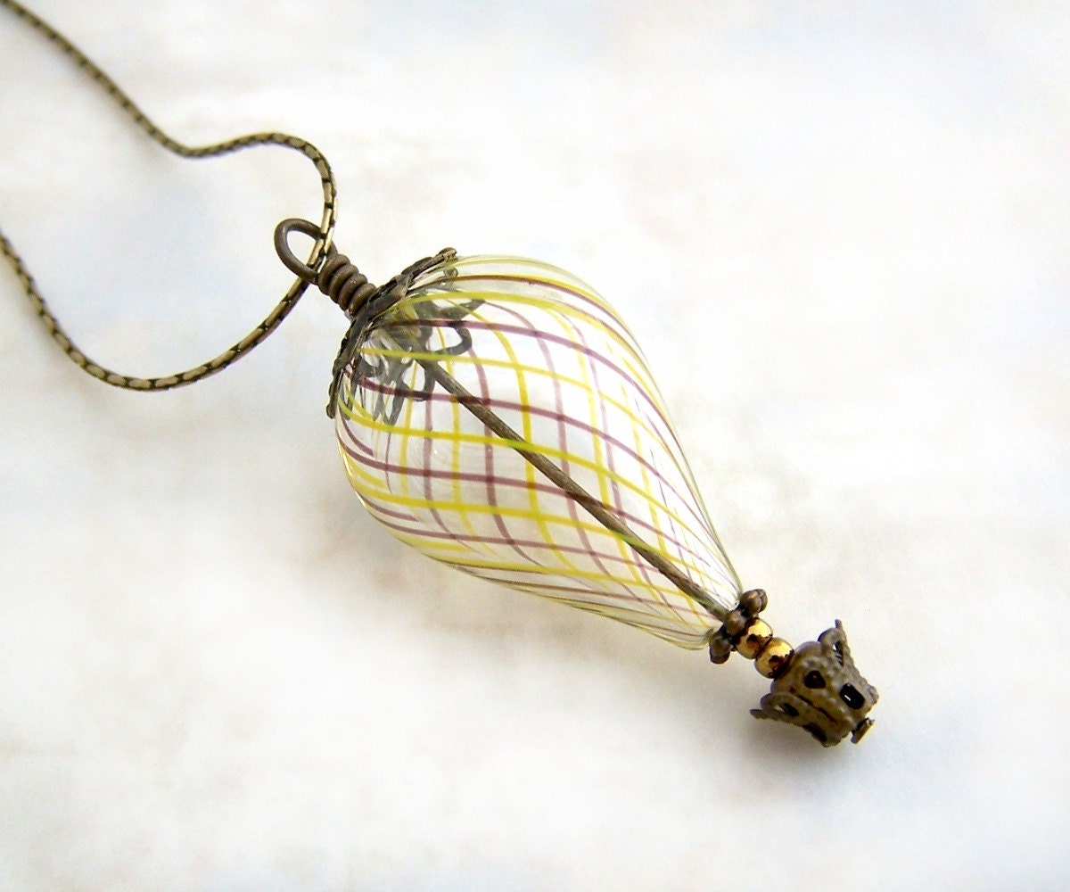 Hot Air Balloon Necklace - yellow and maroon stripes swirl around a clear glass balloon - hot air balloon jewelry - Steampunk Necklace