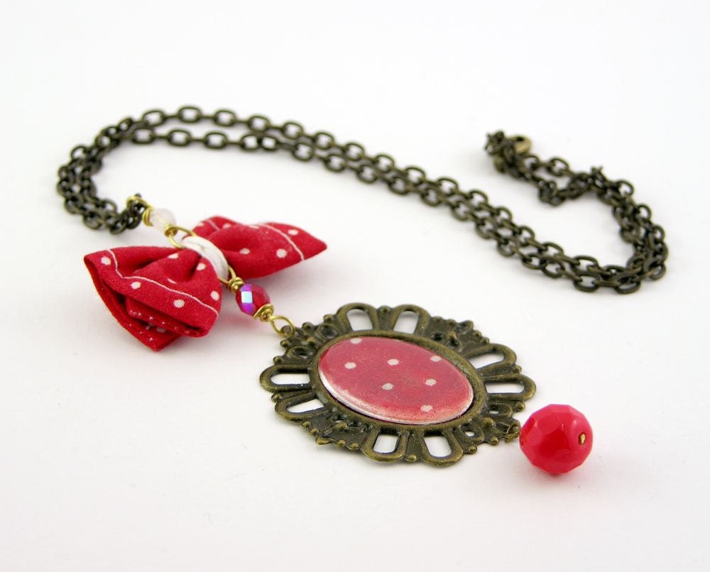 Necklace pendant medaillon vintage style valentines day repurposed red fabric polka dots little bow antique gold free shipping
