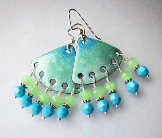 Green Blue Chandelier Earrings Enamel Jewelry Mint by OxArtJewelry