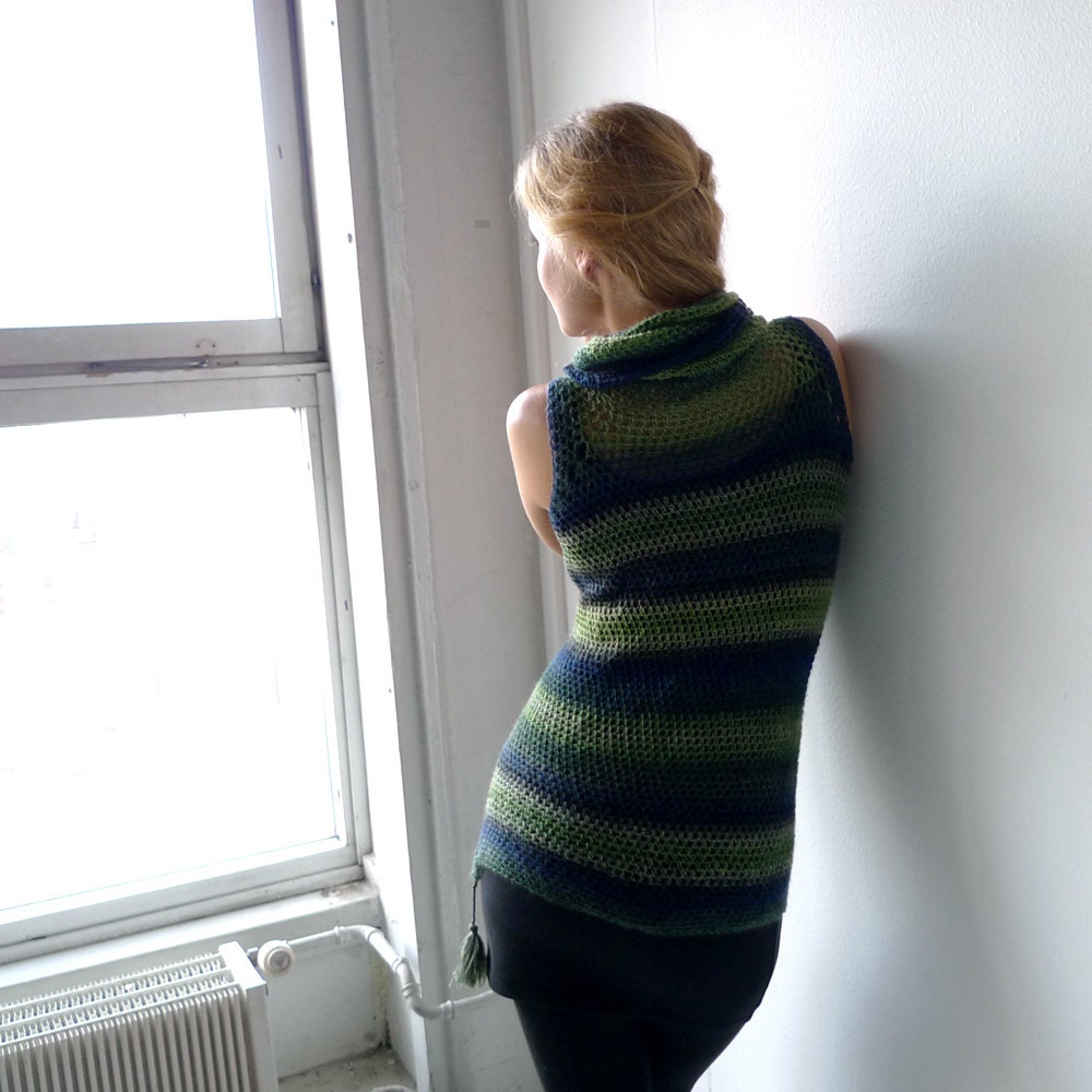 sleeveless hoodie, crochet tunic dress, cowl neck tunic - stripy ombre green blue wool - asymmetric tassel hem - S to M - women clothing