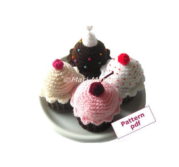 Pattern Crochet Ice Cream . Cupcake Pincushion Toys Cherry Trinket Box Kitchen Decor Nursery Decoration MariMartin Download Immediately