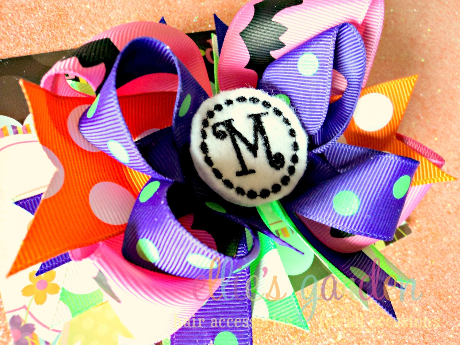 Embroidered Halloween Monogrammed Initial Boutique Layered Bow Orange Pink Purple Green