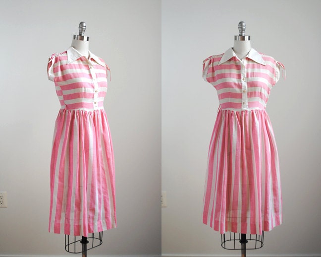 vintage 1950's striped dress. 50's lace dress. pink. cotton. stripes. m. white & pink dress 50.