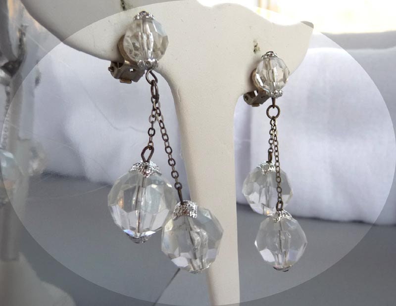 Faceted Vintage Clear Lucite Bead Dangling Earrings - Western Germany Clip On