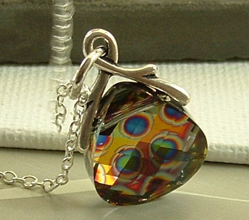 Shipping Peacock Eye Necklace - Rainbow Colors Flat Pear Swarovski Briolette Teardrop Pendant on Sterling Silver Chain