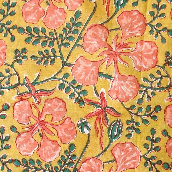 hand printed cotton fabric - peach and green floral pattern on mustard yellow - 1 yard - ctjp062
