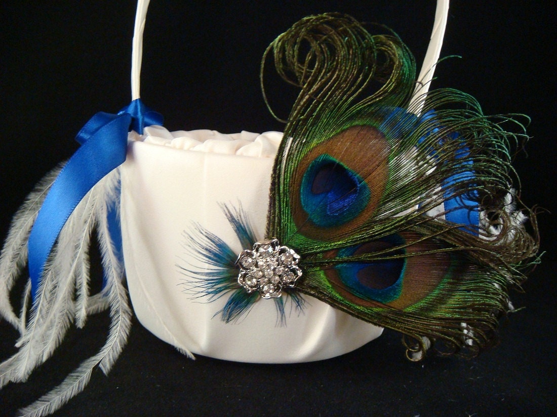 Peacock Flower Girl Basket with Blue Satin Ribbon / peacock wedding basket bridal peacock