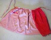 Red and white Kitchen Apron With Pockets and attached Drying Cloth Vintage 1950s Linen Skirt