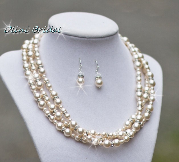 Bridal Jewelry, Wedding ISABELLA Swarovski Pearls and Rhinestones Necklace 3 strands - pick your pearl color