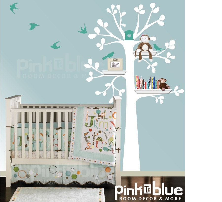 Wall Decals - Shelf Tree with birds- Baby Nursery Decals