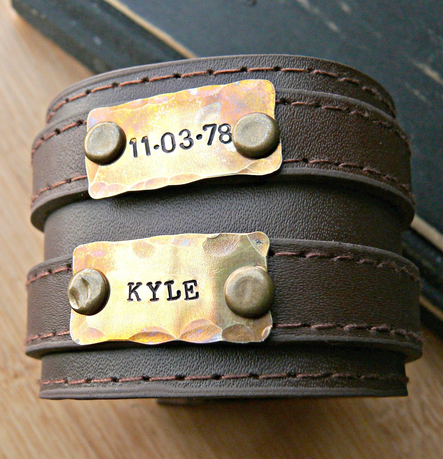 Fathers Day Gift - Mens Leather Hand Stamped Bracelet, Personalized Mens Cuff, Rustic Brass