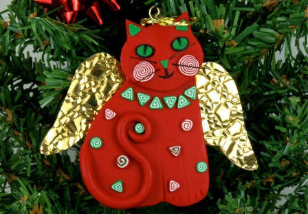 Red Angel Cat Christmas Ornament, Handmade, Polymer Clay - MelodyODesigns