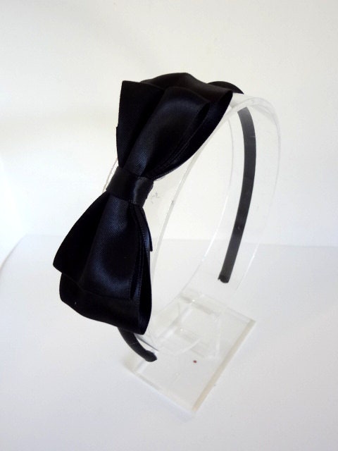 Black Satin Bow Headband. Plastic Headband. Girls Hair Accessories. Teen Headband. Adult Headband. Black Bow Headband