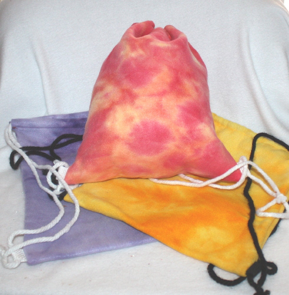 3 tie-dye/batik effect fleece draw-string backpacks - gym bag, organizing, purple, yellow, orange