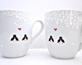 2 Penguins in Mosaic Snow- Hand Painted Coffee Cups