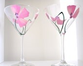 2 Pink Poppy Martini Glasses- Hand Painted Glassware