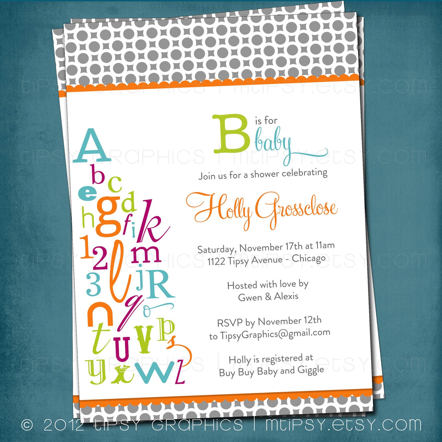 ABC Colorful Alphabet Baby / Bridal Shower Invitation. Bring a letter. Any colors and text by Tipsy Graphics Il_170x135