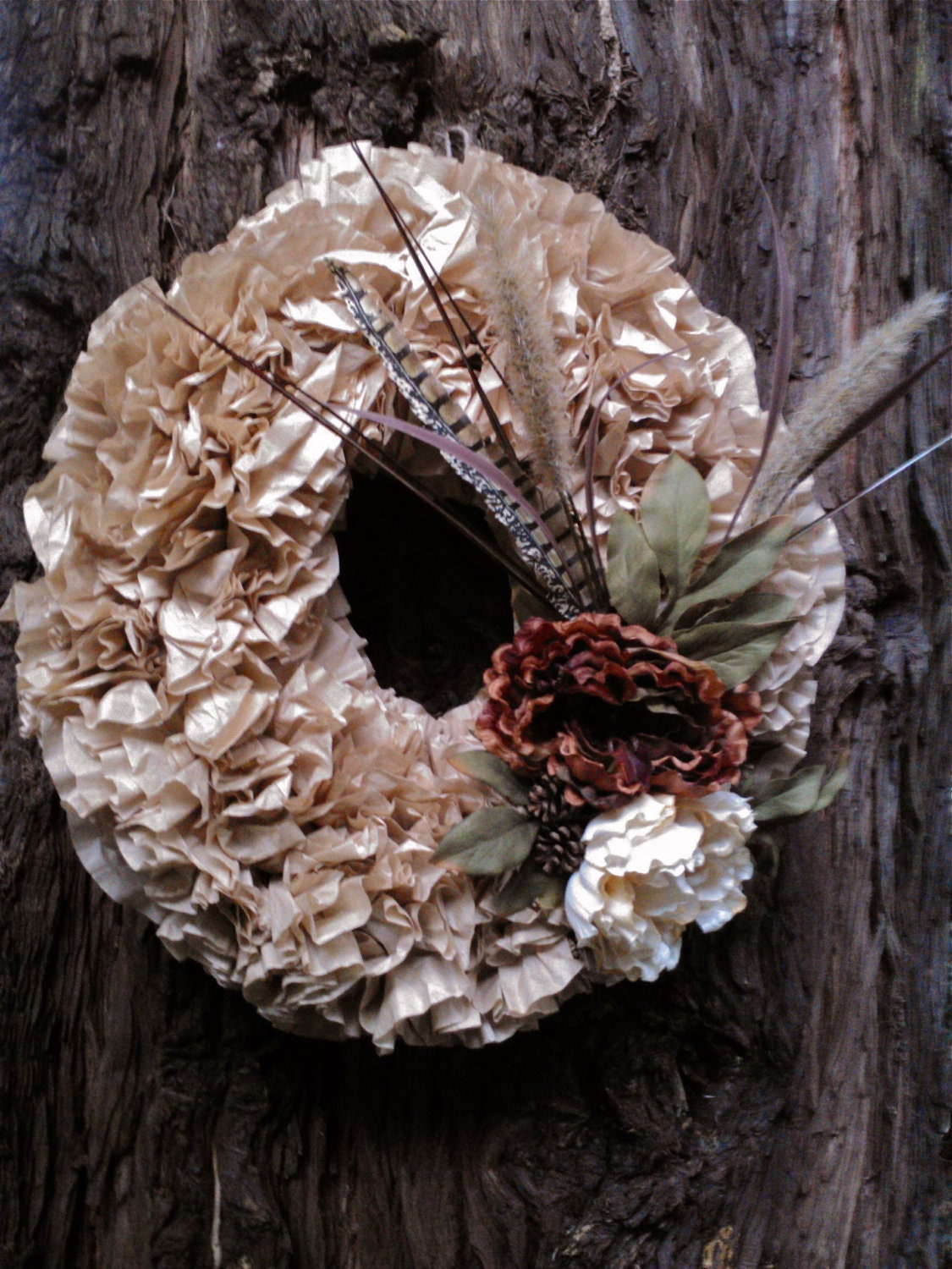 Rustic Fall Wreath Paper and Flowers, feathers and grasses and pinecones Il_170x135