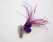 Sangria and Purple Feather Bridal Hair Comb With Silver Crystal Embellishments