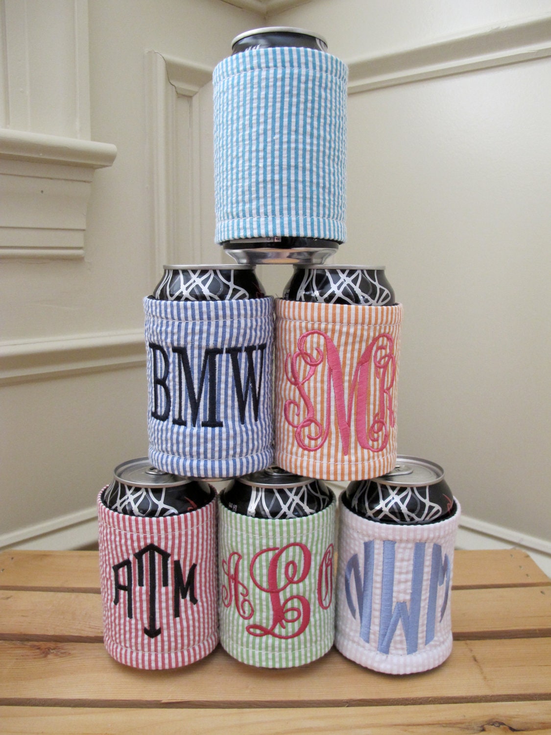 Monogrammed Seersucker Koozie Can Wrap