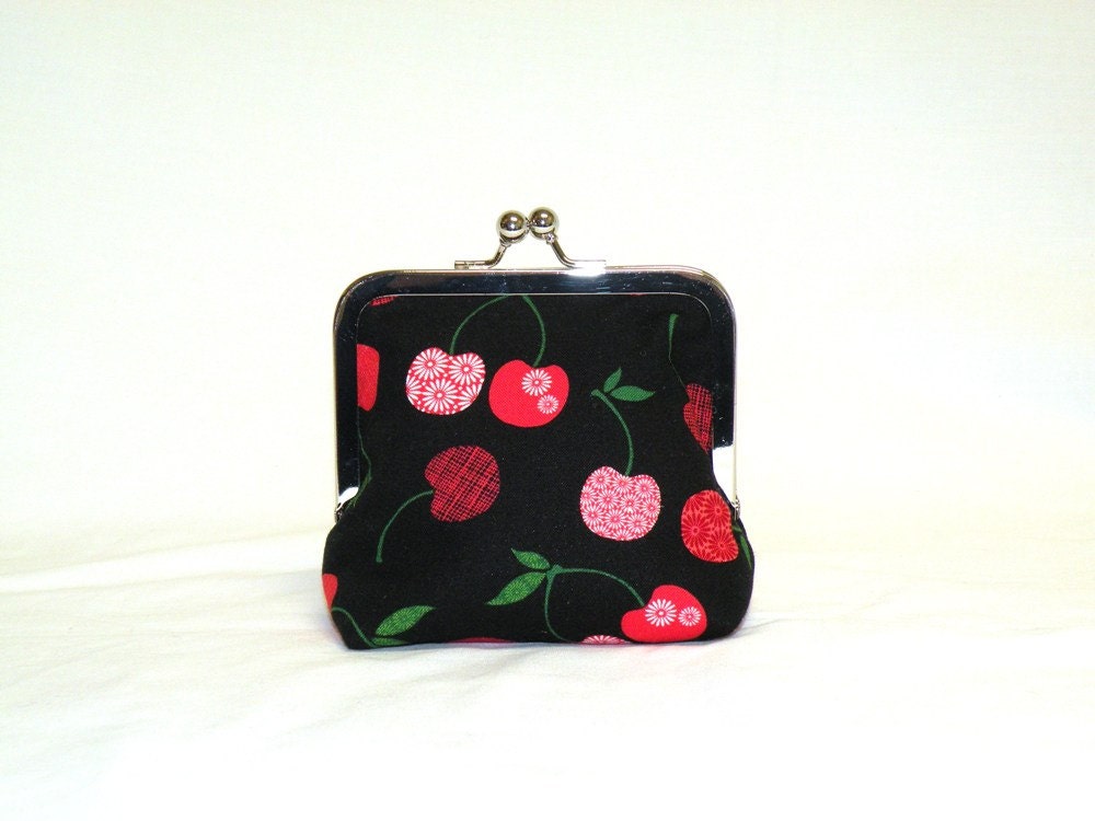 Palm Clutch in fun cherry print of red cherries on black