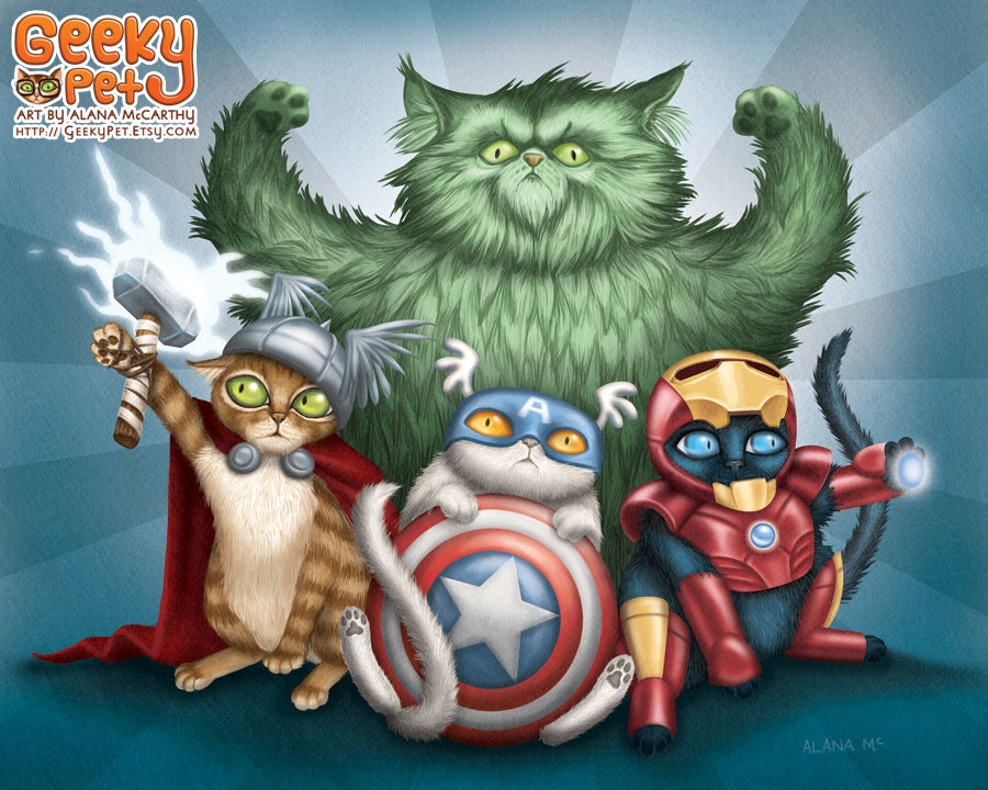 Cat Avengers - 10x8 art print - cats dressed up like Thor, Captain America, Iron Man and the Hulk. Superhero kitty