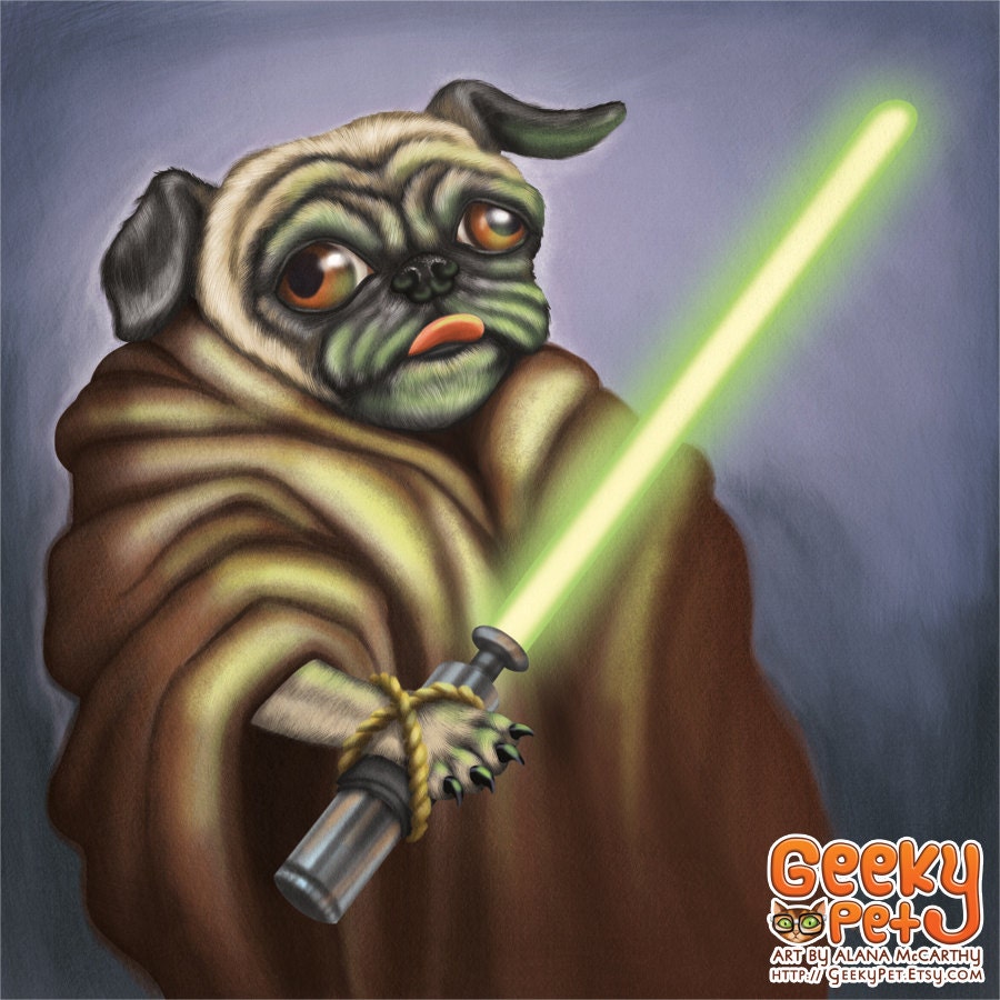 Jedi Pug - 8x8 art print - beige pug dog dressed up like yoda holding a lightsaber