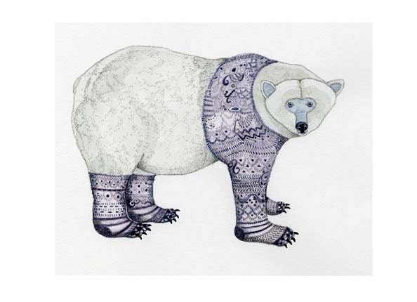 Print Polar Bear in Purple Knitwear Bear Giclee print 11.7x16.5 - ChasingtheCrayon