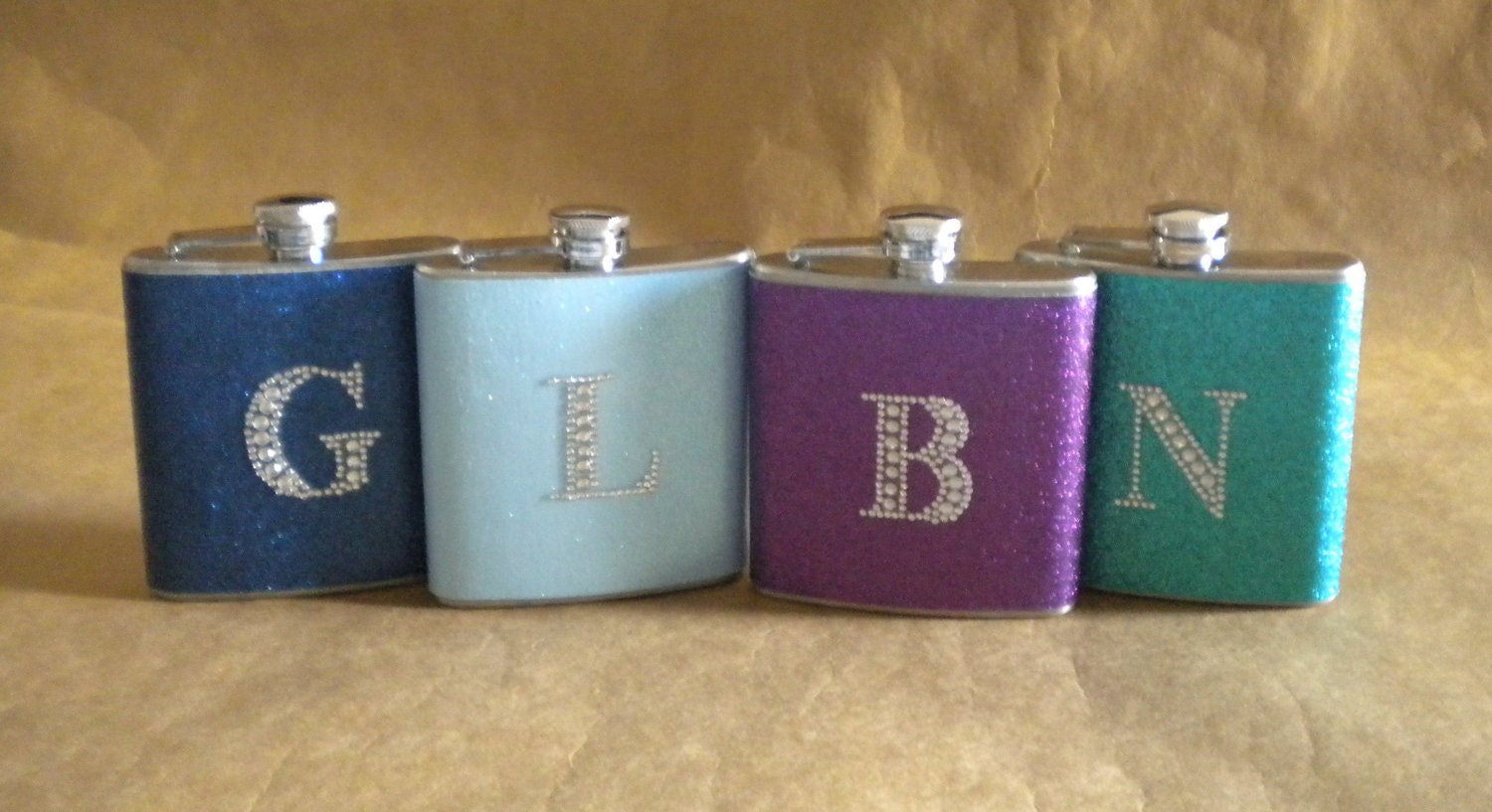 Bridesmaids Gifts ANY 4 Sparkly 6 ounce Stainless Steel Flasks ALL with Rhinestone Initials KR2D 5998