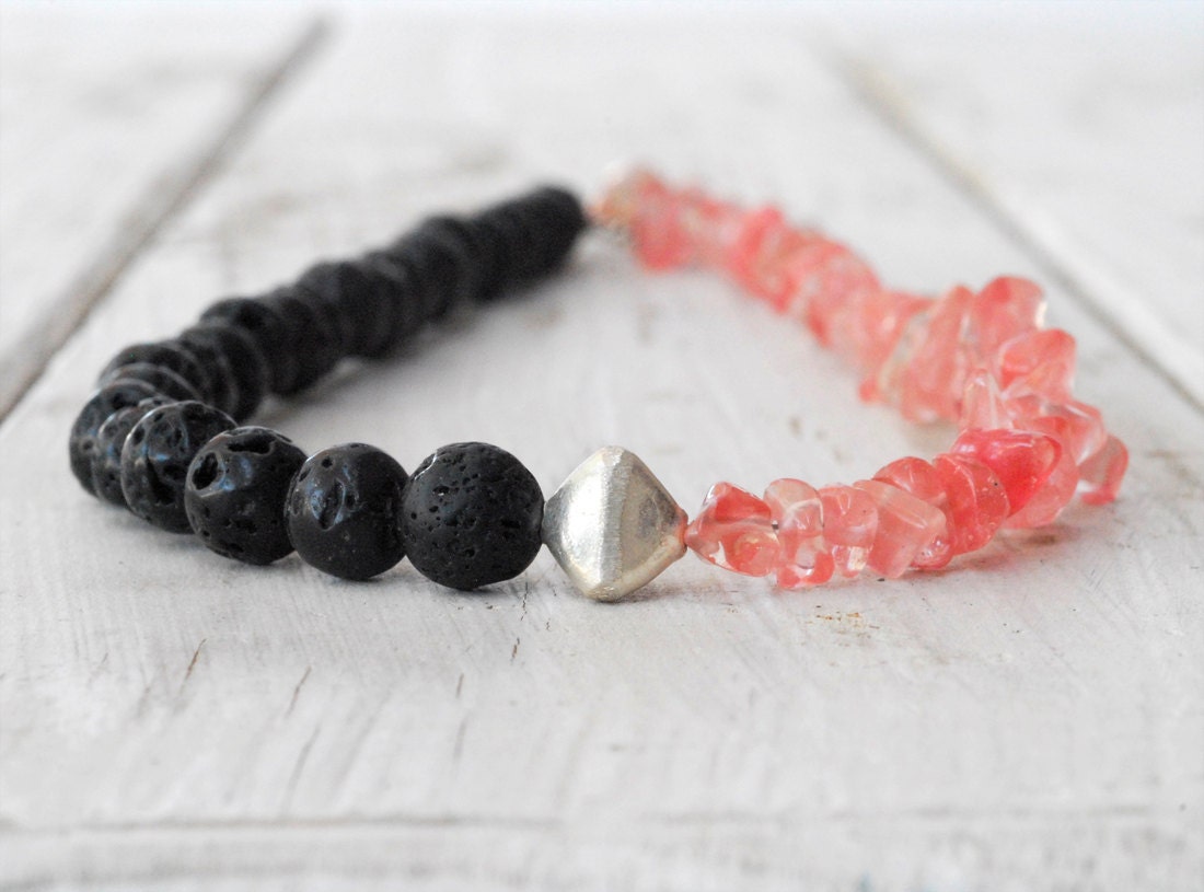 Black Lava Rock Watermelon Rose Quartz Necklace, Pink and Black Jewelry, Dainty Casual Jewelry, Spring 2013, Santorini Jewelry