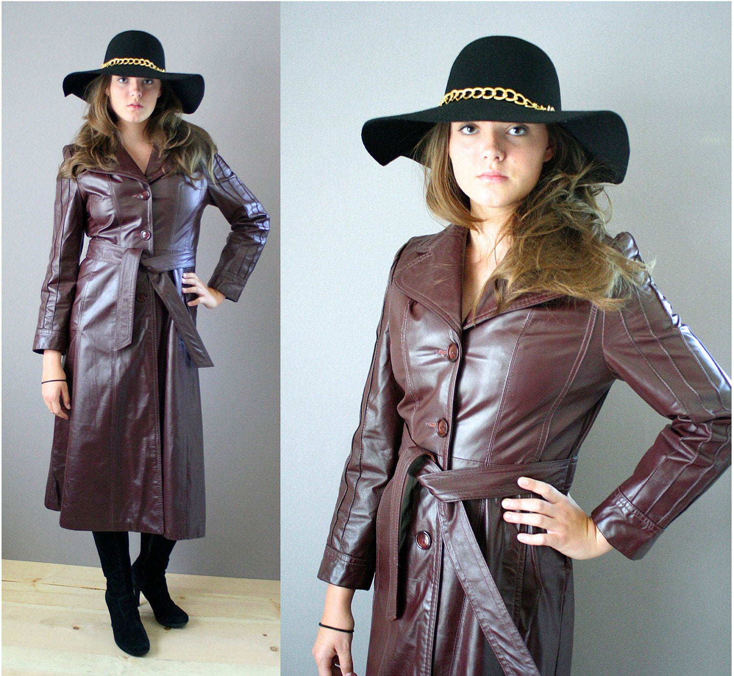 Vintage 1970s Burgundy Vegan Leather Trench