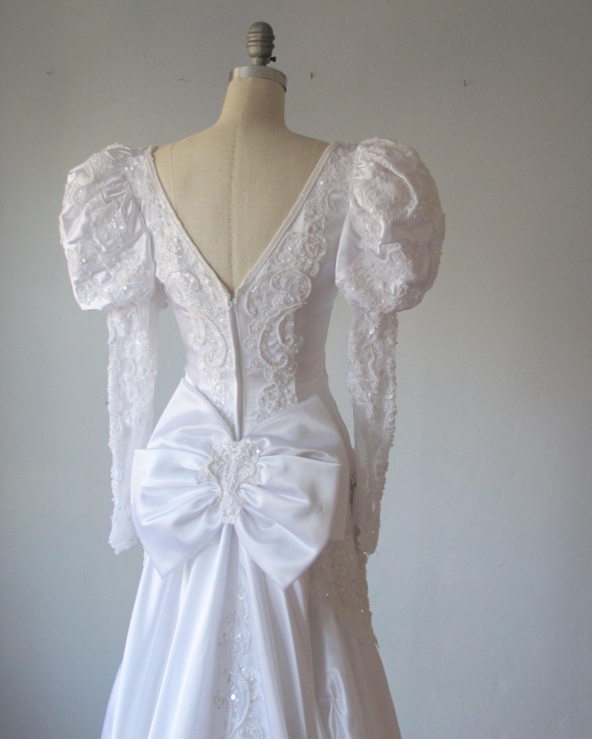 vintage wedding gown 60s-70s / lace , pearls ,embroidery / hand made / silk satin / wedding long dress