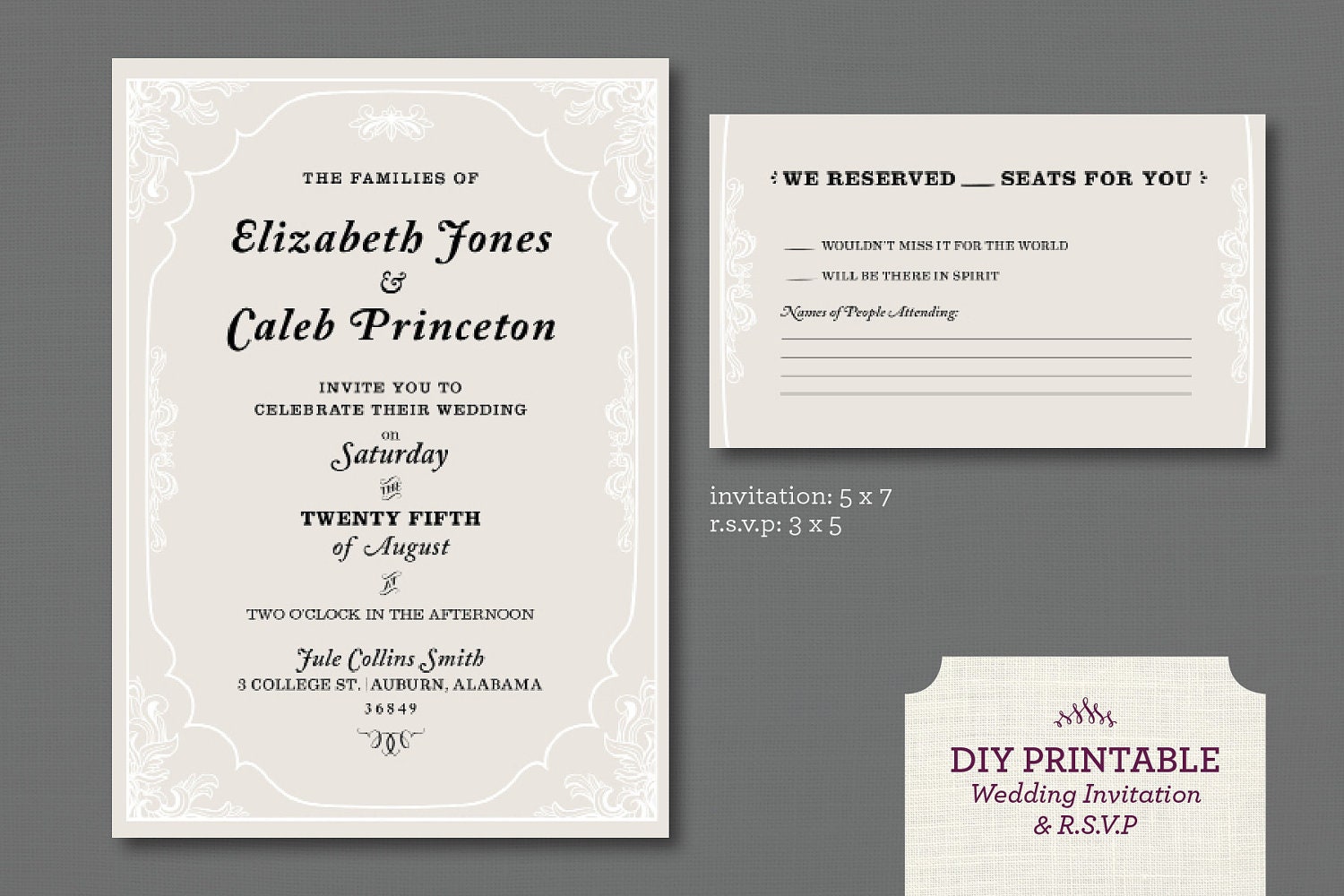 Printable Wedding Invitation and R.S.V.P card//digital pdf file//Ivory Victorian Frame//SALE