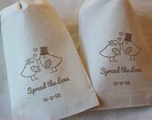 100 Custom Brown Lovebirds Spread The Love, Date - Drawstring Organic Muslin Cotton 4x6 gift bags Great for Weddings - You choose ink color Il_170x135