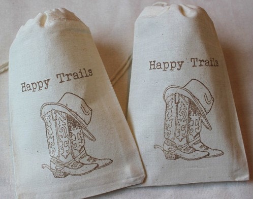 10 Brown Happy Trails Cowboy / Cowgirl Boots and Hat - Organic Muslin Cotton Favor Gift Bags 4x6 - You choose ink color Il_170x135