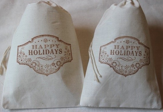10 Vintage Christmas Organic Muslin Cotton Favor Gift Bags - Happy Holidays 5x7 inch Il_570xn