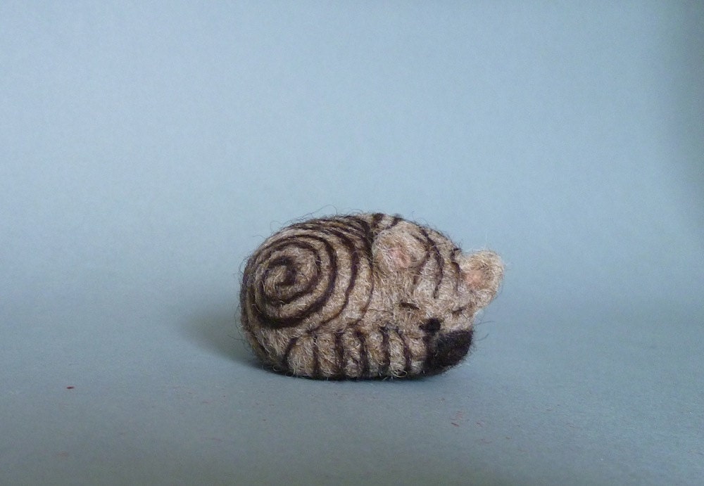 Tabby sleeping cat - tiny felt model collectible - brown and grey - made to order animal collectible soft sculpture