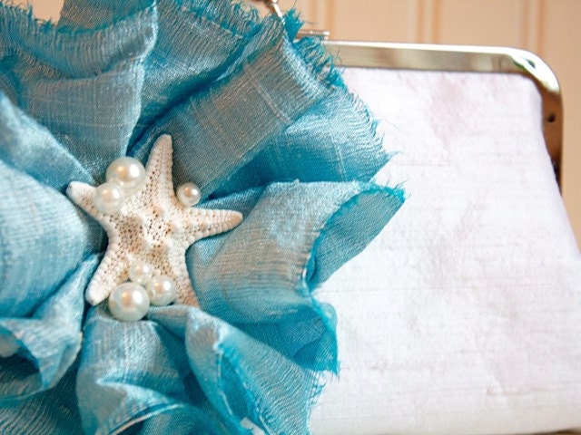 Aquamarine March Starfish Bridal Clutch with Antique Blue Ruched Flower and Pearls Beach Wedding- Custom Made to Order