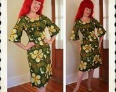FABULOUS Early 1960's Hawaiian Novelty Print Cotton Hourglass Day or Party Dress w Bongo Drum & Tiki Torch Print by Ui-Maikai - Size L to XL
