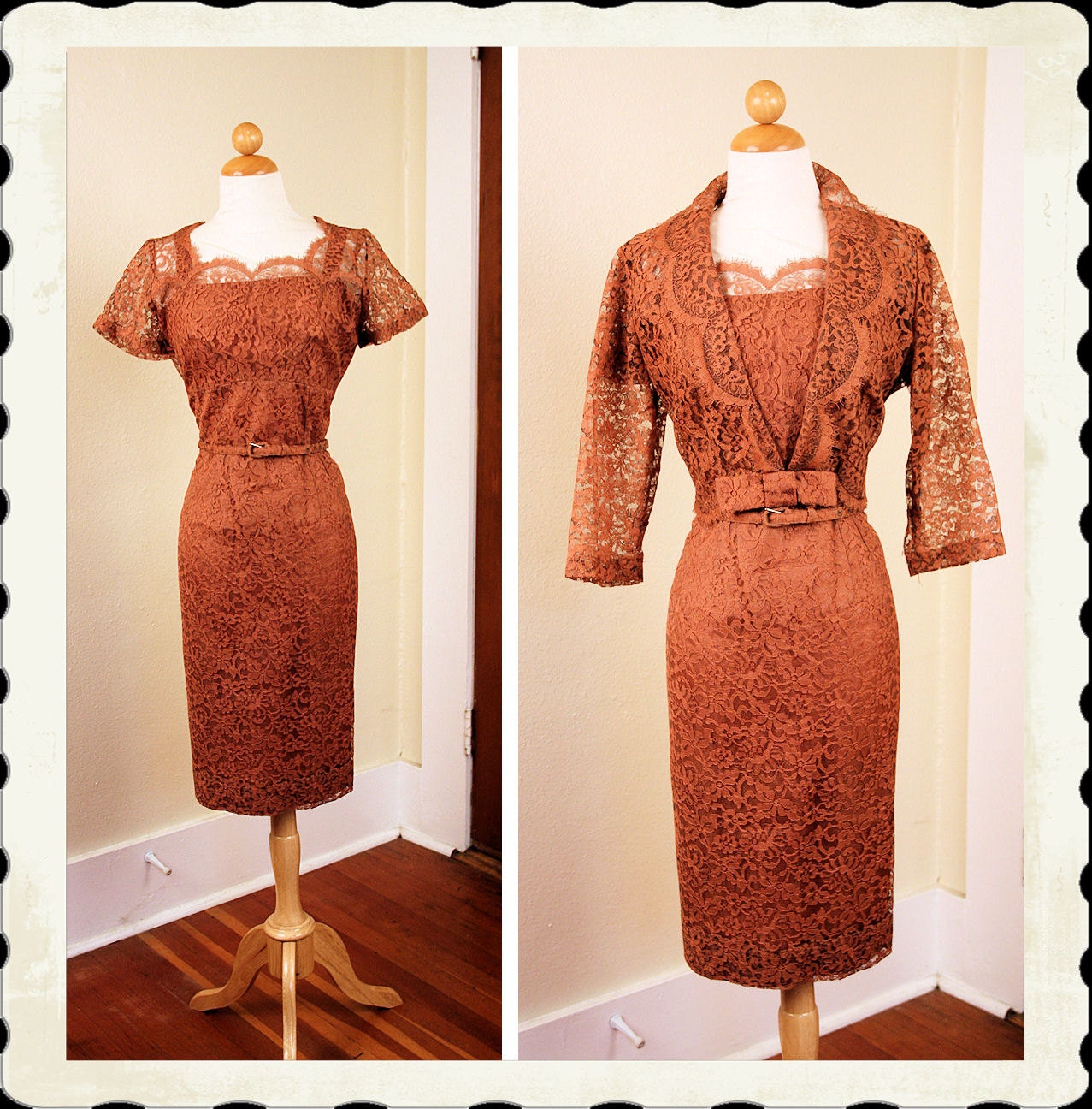 BOMBSHELL 1950's 2 Piece Delicate Floral Mocha Lace Over Satin Hourglass Illusion Shelf Bust Cocktail Dress w/ Cropped Bolero - VLV - Size L