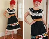 GORGEOUS 1950's Inky Black Cotton Mexican Peasant Sun Dress w/ Hand Crochet Trim & Rich Multicolored Flower Embroideries - On / Off Shoulder
